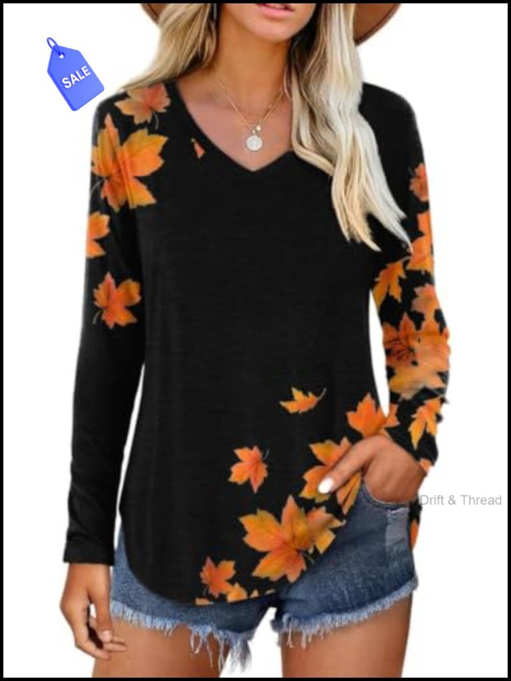 Women's Long Sleeve V-Neck Graphic T-Shirt Cotton Blend Fall Top